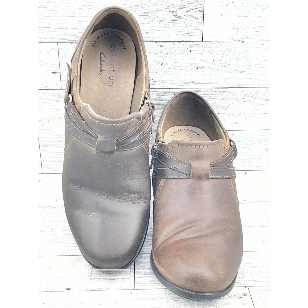 Clarks Collection Brown Leather Ankle Boots Block Heel Side Zip Women Size 8 W